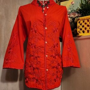 Stunning Red Mandarin Collar Embroidered Tunic Shirt by Daisy's Creations